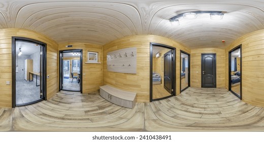 360 hdri panorama inside interior of entrance hall and corridor in wooden vacation eco homestead in full seamless equirectangular spherical  projection