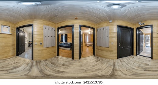 360 hdri panorama inside interior of entrance hall and corridor with  doors in wooden vacation eco homestead in full seamless equirectangular spherical  projection