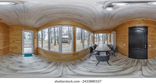 360 hdri panorama inside interior of entrance hall with banquet table in wooden vacation eco homestead in forest in full seamless equirectangular spherical  projection