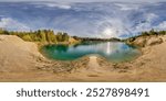 360 hdri panorama on limestone coast of huge green lake for sand chalk extraction old mining quarry with halo in sky in equirectangular full seamless spherical projection, VR content