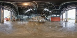 360 Panorama Angle View In Modern Waste Hazardous Recycling Plant And Storage. Full 360 By 180 Degree Panorama In Equirectangular Spherical Projection, Skybox VR Content. Separate Garbage Collection.