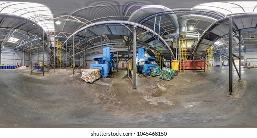 360 panorama view in modern waste hazardous recycling plant and storage, trash sorting. Full 360 by 180 degrees panorama in equirectangular spherical projection, VR content