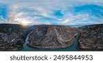 360-degree panoramic view of the Sulak Canyon at sunset. Popular tourist destination in the Republic of Dagestan, Russia. Seamless spherical panorama HDRI