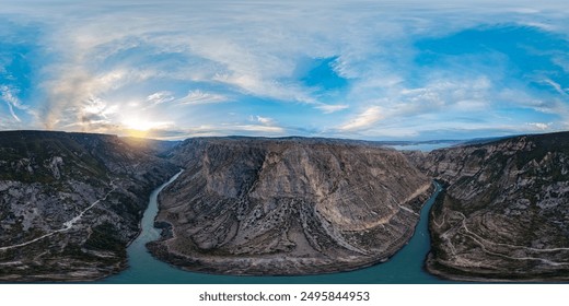 360-degree panoramic view of the Sulak Canyon at sunset. Popular tourist destination in the Republic of Dagestan, Russia. Seamless spherical panorama HDRI - Powered by Shutterstock