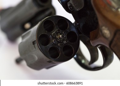 .38 Caliber Revolver Pistol Loaded Cylinder Gun Barrel Close Up