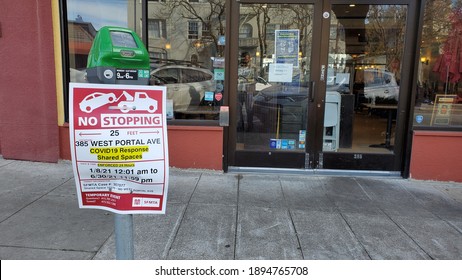 385 West Portal Ave,  San Francisco, CA, USA 
January 15, 2021
A Sign Hooked To A Parking Meter That Ses Covid19 Response Shared Spaces.