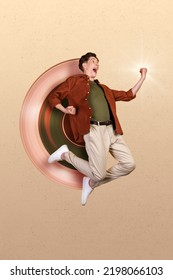 3d Abstract Creative Artwork Template Collage Of Funky Jumping Young Man Raise Fists Feel Superpower Hero Can Fly Excited Winner Champion