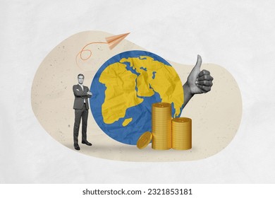 3d abstract creative artwork template collage of confident businessman planet earth international business thumb up planet earth money - Shutterstock ID 2321853181
