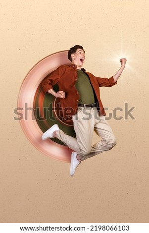 3d abstract creative artwork template collage of funky jumping young man raise fists feel superpower hero can fly excited winner champion