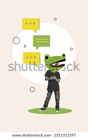 3d abstract template collage of funky frog head boy communicating modern gadget isolated painting background