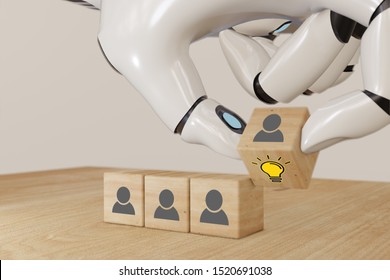 3d ai  rendering artificial intelligent robot hand flip the wooden cube with human officer and light bulb wih creative idea and innovation concept, 