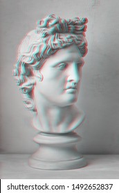 3d Anaglyph Effect. Gypsum Statue Of Apollo's Head. Man. Creative. Head. Isolated. Vintage Style. Apollo Belvedere