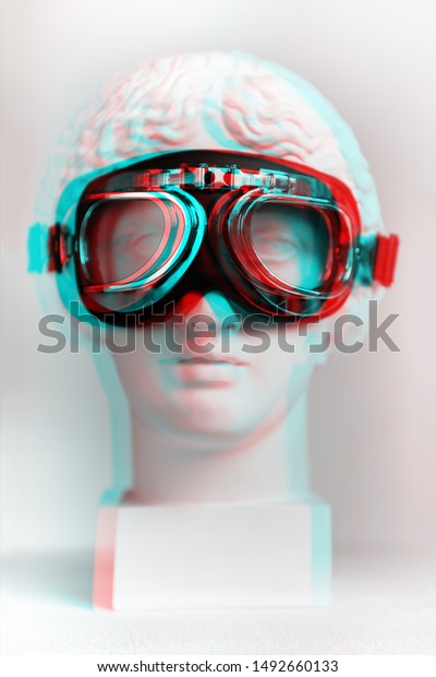 3d anaglyph effect. Statue. Gypsum statue of\
Venus\'s head in pilot glasses. Vintage style. Statue renaissance\
epoch, Renaissance interested in? Isolated. Glitch Art. Creative.\
Aviator glasses.