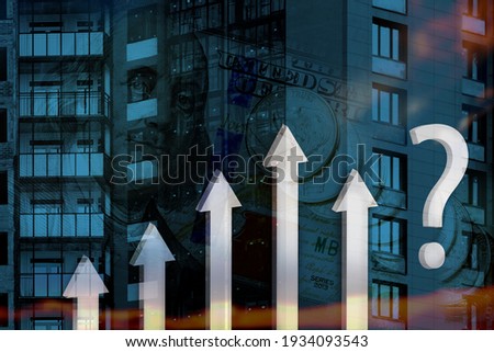 3d arrows and question mark on background of building under construction and US banknotes. Concept of uncertainty in business, financial operations, construction industry during global crisis