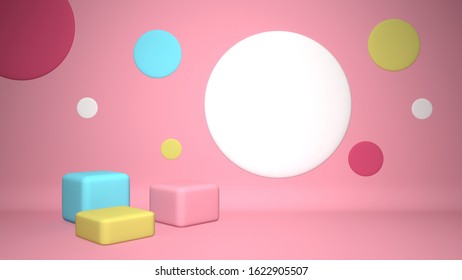 3D background rendering circle and square pattern pink and yellow blue 