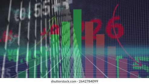3D bar chart alternating green red bars rising in virtual data space, with trend-arrows over ticker. Finance, data visualization, analytics, technology, digital economy, investment, stock market - Powered by Shutterstock - Get 15% off with code: PIKWIZARD15