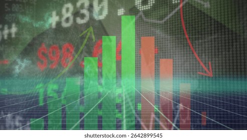 3D bar chart cluster rising then falling on grid plane, with dollar, numeric and arrow overlays. Finance, analytics, data, visualization, technology, digital, investment
