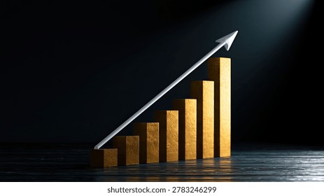 A 3D bar graph shows increasing values, with a white arrow pointing upwards, symbolizing progress and positive trends.