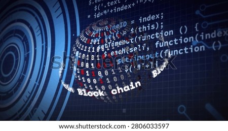 3D binary sphere rotating after Block chain band sweep, revealing code overlays and blockchain HUD. Orb, bits, orbit, grid, neon, cyber, interface