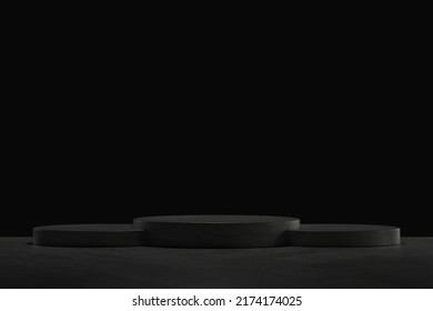 3D Black Geometric Stage Podium. Dark Background.