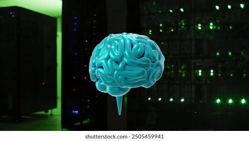 3D brain image over server room with green lights. Technology, data, networking, artificial intelligence, digital, glowing