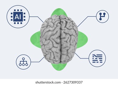 3D brain model with AI and data technology icons. Concept of artificial intelligence, machine learning, and neural networks in digital interface. - Powered by Shutterstock - Get 15% off with code: PIKWIZARD15