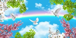 3d Ceiling Decoration Image. Doves Flying Between Spring Flowers And Green Tree Leaves. Blue Sky, Rainbow And White Clouds Nature Background.