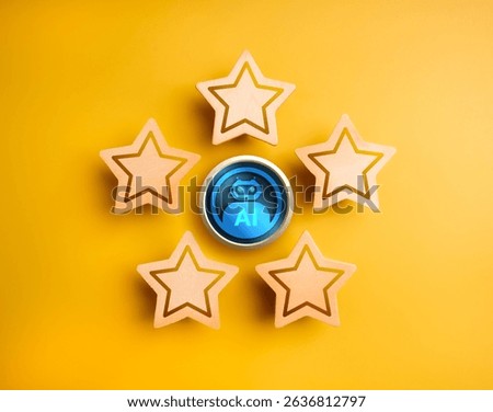 3d Chatbot icon button surround with five stars ratings on yellow background. Smart assistant tools technology concept, excellence quality artificial intelligence equipment, application and program.