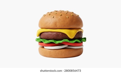 3D Clay Style Cheeseburger with Sesame Bun, Beef Patty, Lettuce, Tomato and Onion Isolated on White Background Playful Fast Food Render