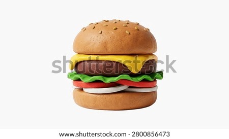 3D Clay Style Cheeseburger with Sesame Bun, Beef Patty, Lettuce, Tomato and Onion Isolated on White Background Playful Fast Food Render