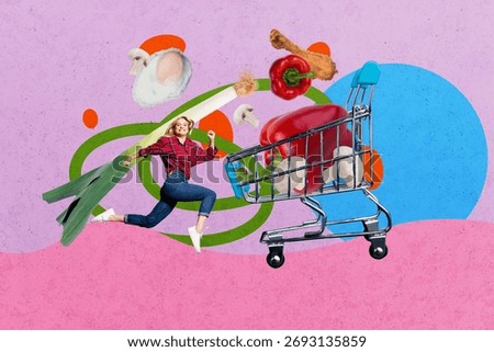3D collage design composite artwork sketch of young lady run pushcart supermarket onion pepper egg dieting calories nutrition healthy eat
