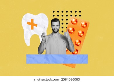 3D collage design composite trend artwork sketch of dentist young man hygienist hold tool thumb gesture like pill drugs antibiotic