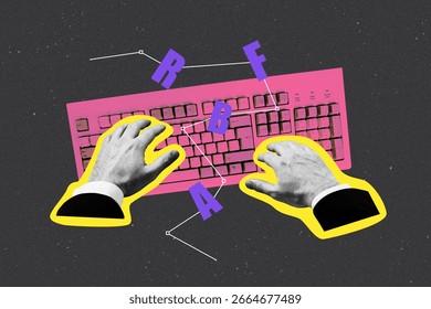 3D collage design composite trend artwork sketch of silhouette two hands type keypad digital keyboard remote surf online computer letters.