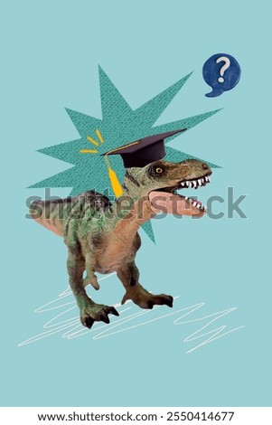 3D collage design composite trend artwork sketch of toy game play dinosaur ancient animal student wear hat uniform university graduation