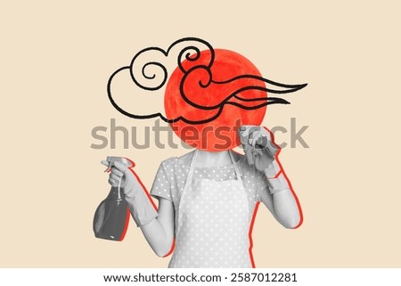 3D collage design composite trend artwork sketch of headless woman housewife hold spray clean house japanese culture ornament cloud sun