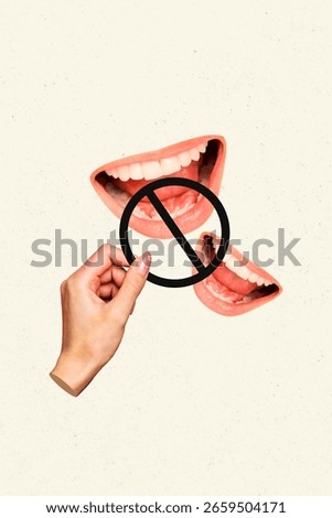 3D collage design composite trend artwork of hand hold mark cross stop mute mouth open talk smile stop crime pressure domestic harassment.