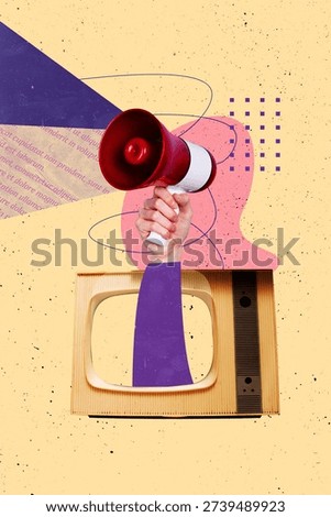 3D collage design composite trend artwork sketch of hand hold speaker announce proclaim megaphone attention appear retro tv broadcasting.