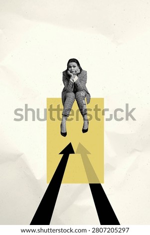 3D collage design composite trend artwork of young businesswoman formalwear sit upset goal stats charts trader arrow show direction point.