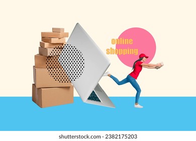 3D collage modern photography image of cheerful girl hurry carry post order shopping online concept