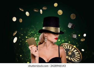 3d collage of stunning lady hat dress jewelry hold casino cards chips roulette dice isolated on creative background - Powered by Shutterstock