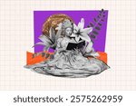 3D collage trend artwork composite sketch poster of young woman sit down read book library vintage royal corset marie antoinette opulence