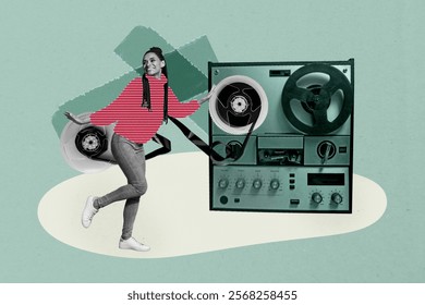 3D collage trend artwork composite sketch poster of nightclub rest occasion weekend entertainment radio tape young lady dance party smile