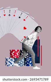 3D collage trend artwork composite poster of young woman walk hand hold card combination ice gamble slot play poker player fortune random