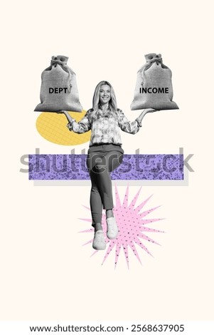 3D collage trend artwork composite sketch poster of young woman sit hand hold bag dept income earnings currency market income budget