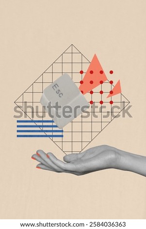 3D collage trend artwork composite sketch poster of sign hand body language finger gesture hold computer keyboard button press esc qwerty