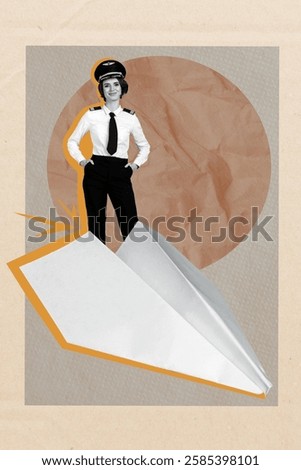 3D collage trend artwork composite sketch poster of paper plane origami young woman formalwear pilot stand smile travel moving profession