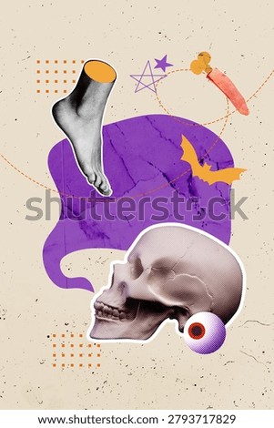 3D collage trend artwork composite sketch poster of sticker leg barefoot bone head skeleton october holiday magic mystical fear bat finger.