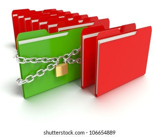 A 3d concept graphic depicting a folder/file security concept. Rendered against a white background with a  soft shadow and reflection to enhance the 3D.