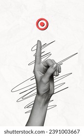 3d creative artwork template collage of arms pushing finger target button isolated white color background
