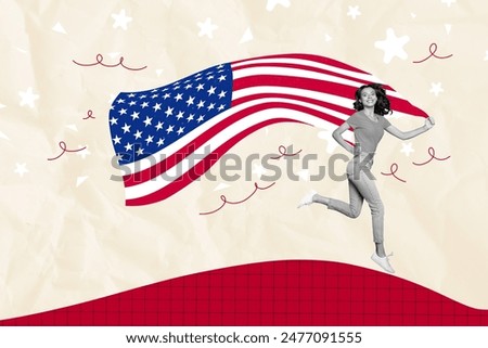 3d creative artwork template collage of smiling lady running holding flag celebrate 4th july isolated painting background